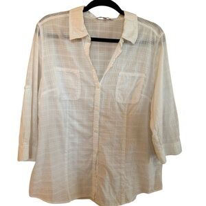 Croft & Barrow White Plaid Button-Up Shirt 3/4 Sleeve XL